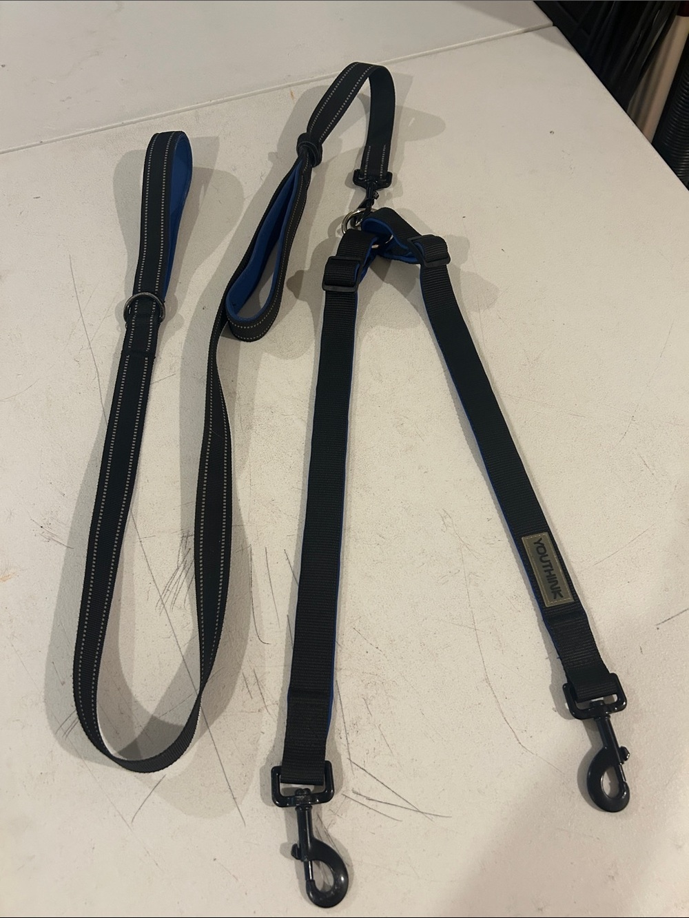 Black and Blue Dual Dog Leash with Reflective Stitching